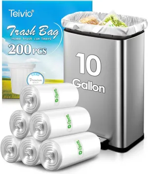 10 Gallon 200 Counts Extra Strong Trash Bags Tall Kitchen Garbage Bags by Teivio, 9 Gallon 10 Gallon 11 Gallon,Bathroom Trash Can Bin Liners, Intended for Home,Plastic Bags for office kitchen, Clear