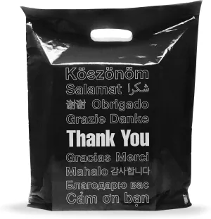 100 Pack Thank You Black Merchandise Plastic Shopping Bags 12" x 15" with 2.0 mil Thick - Die Cut Handles. Perfect for Retail Shops, Party Favors, Birthdays, Parties - 100% Recyclable