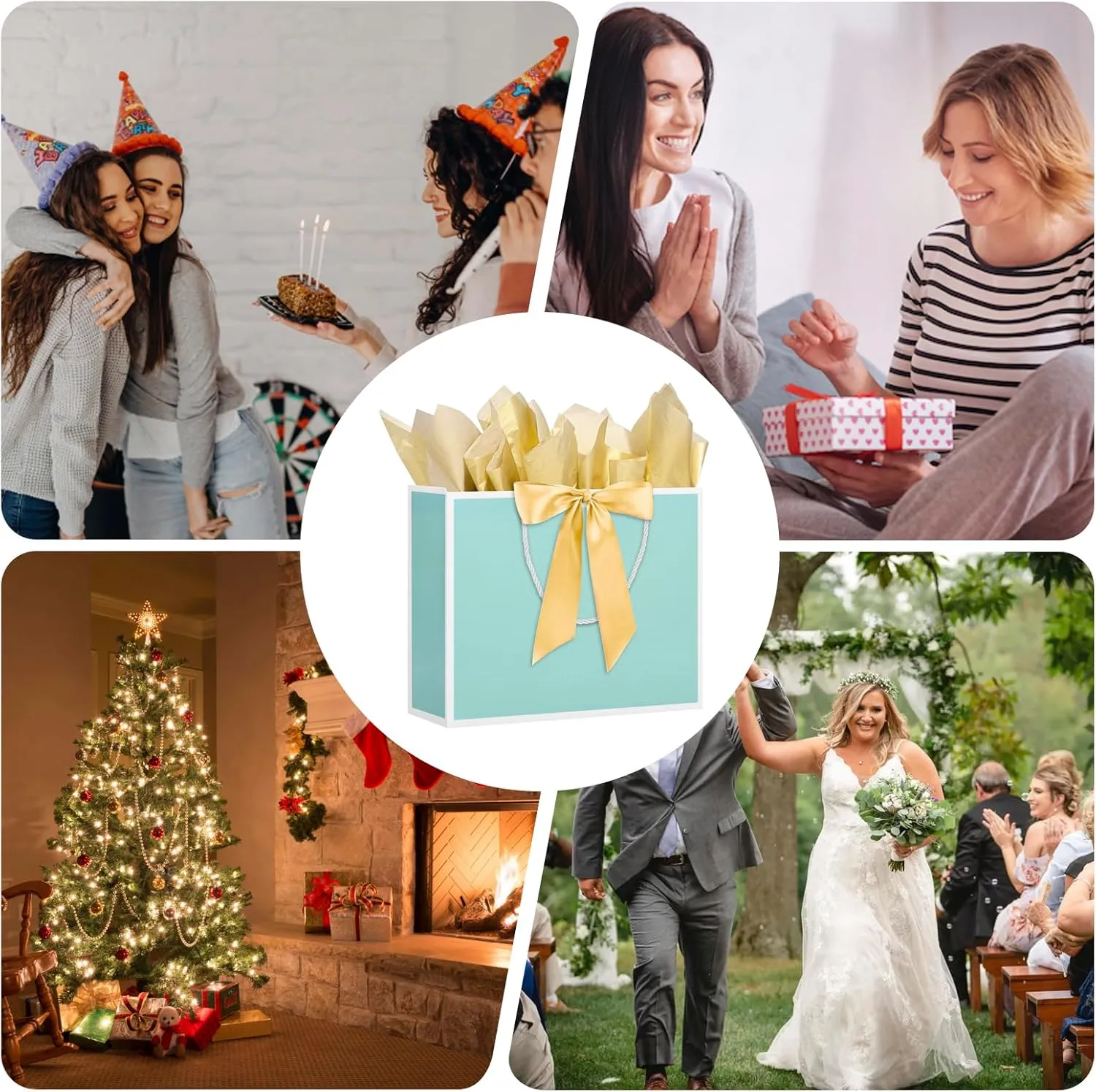 12 Pcs Gift Bags with Handles 12.6x4.5x10 Inches Large Paper Bags with Bow Ribbon and Tissue Paper Gift Wrap Bags for Birthday Bridesmaid Party Wedding Baby Shower Valentines, Mint Green-White