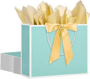 12 Pcs Gift Bags with Handles 12.6x4.5x10 Inches Large Paper Bags with Bow Ribbon and Tissue Paper Gift Wrap Bags for Birthday Bridesmaid Party Wedding Baby Shower Valentines, Mint Green-White