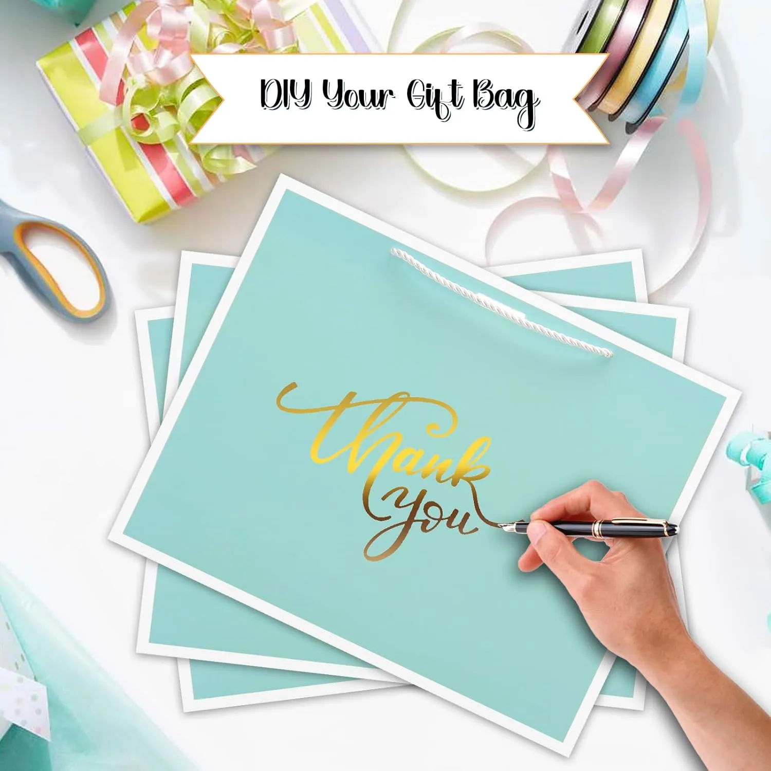 12 Pcs Gift Bags with Handles 12.6x4.5x10 Inches Large Paper Bags with Bow Ribbon and Tissue Paper Gift Wrap Bags for Birthday Bridesmaid Party Wedding Baby Shower Valentines, Mint Green-White
