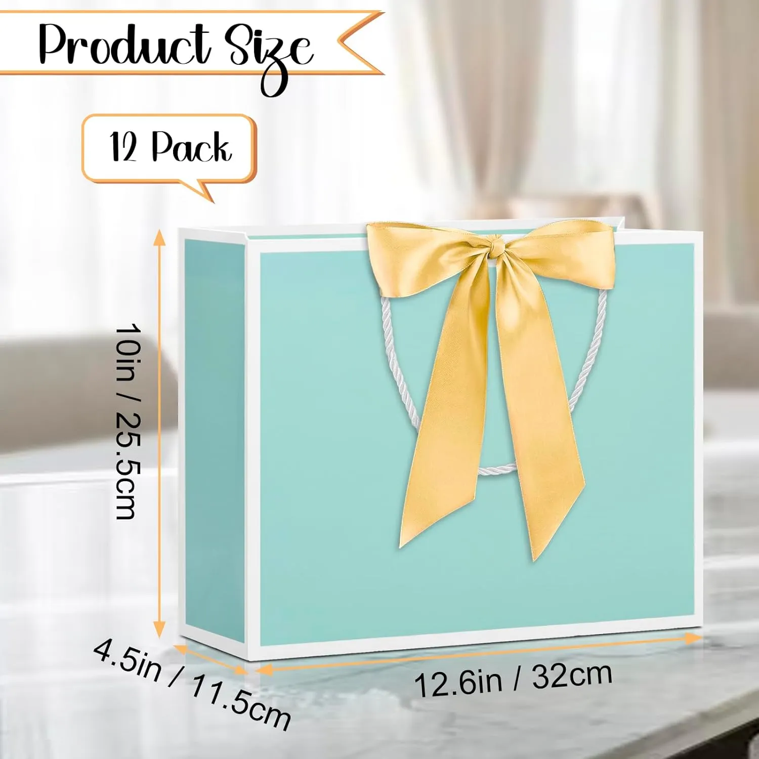 12 Pcs Gift Bags with Handles 12.6x4.5x10 Inches Large Paper Bags with Bow Ribbon and Tissue Paper Gift Wrap Bags for Birthday Bridesmaid Party Wedding Baby Shower Valentines, Mint Green-White