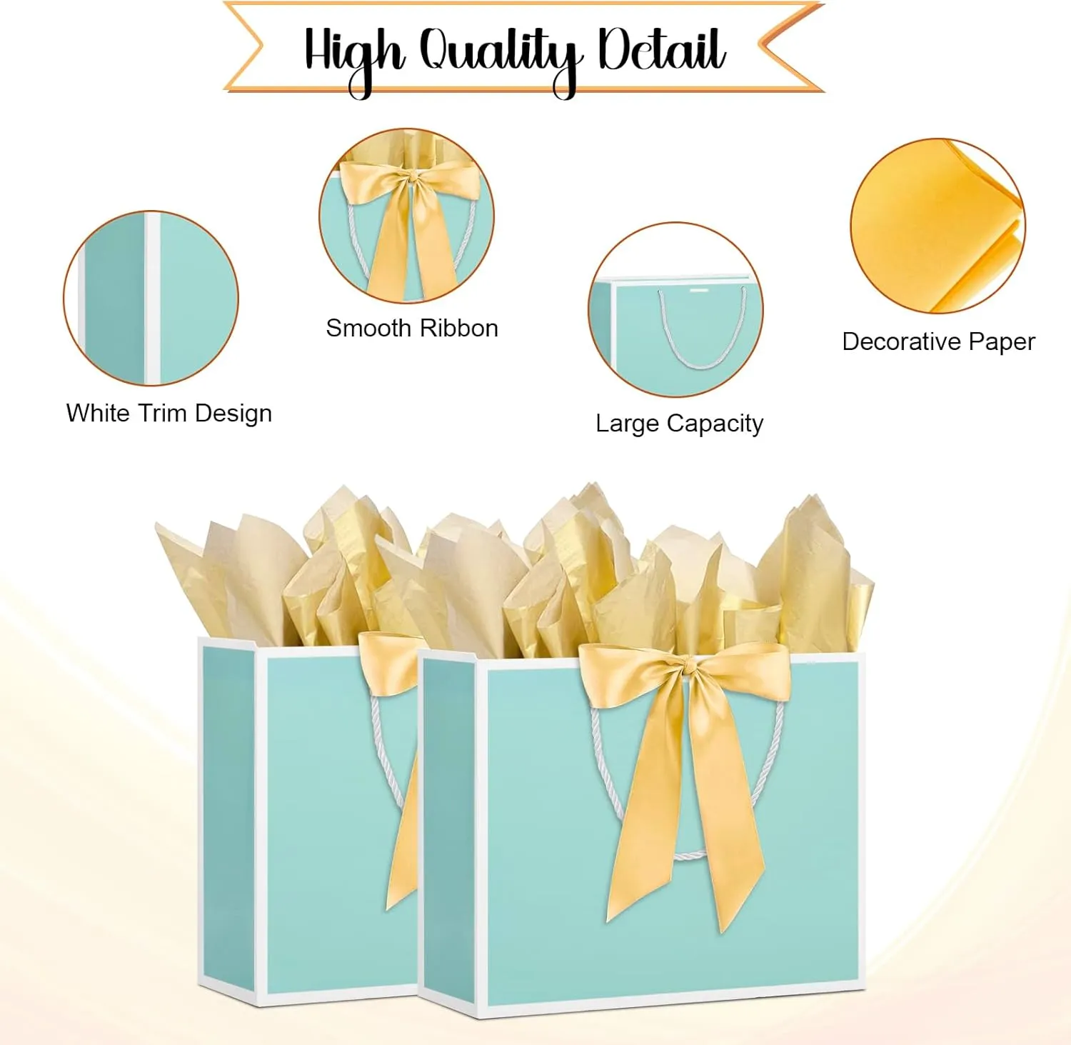 12 Pcs Gift Bags with Handles 12.6x4.5x10 Inches Large Paper Bags with Bow Ribbon and Tissue Paper Gift Wrap Bags for Birthday Bridesmaid Party Wedding Baby Shower Valentines, Mint Green-White