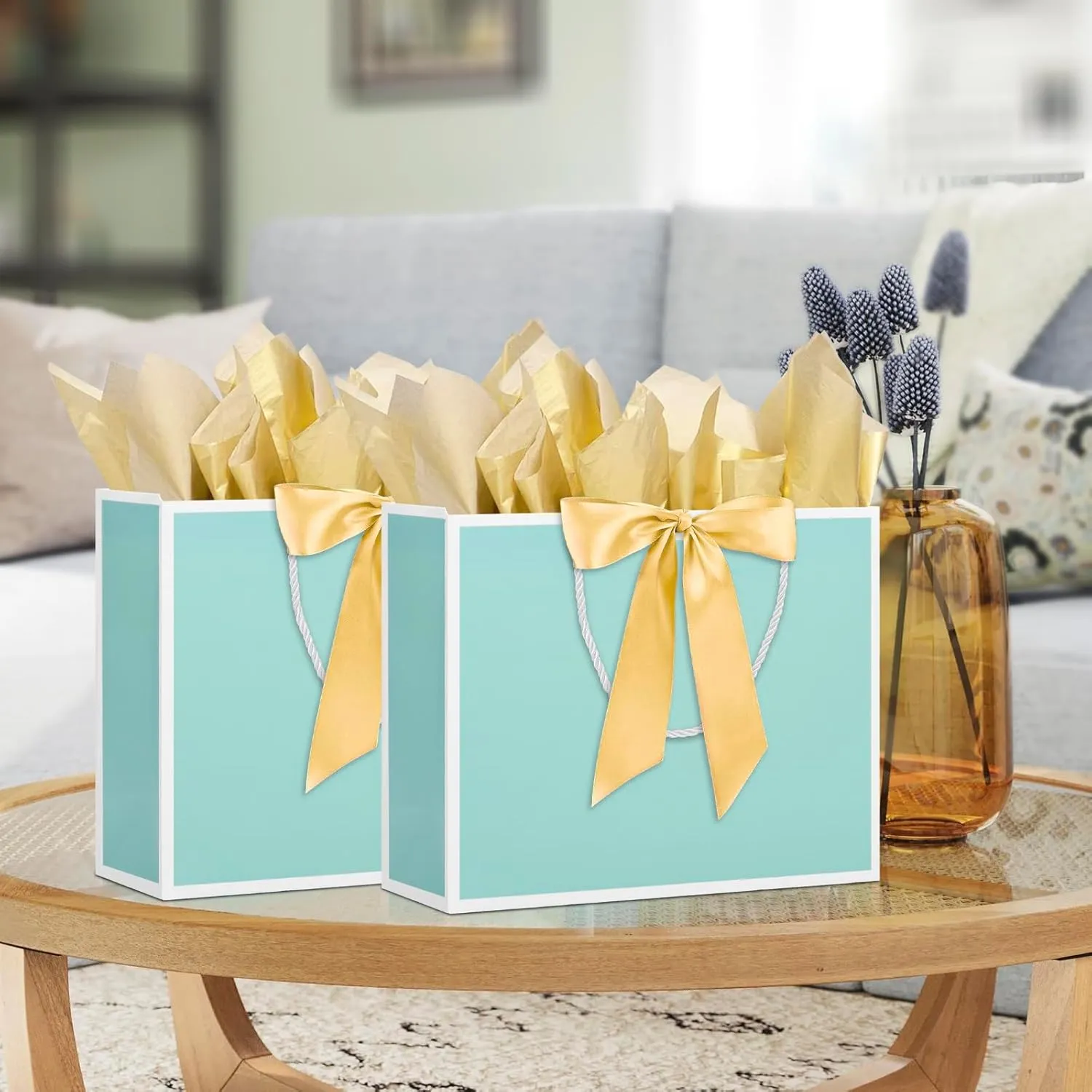 12 Pcs Gift Bags with Handles 12.6x4.5x10 Inches Large Paper Bags with Bow Ribbon and Tissue Paper Gift Wrap Bags for Birthday Bridesmaid Party Wedding Baby Shower Valentines, Mint Green-White