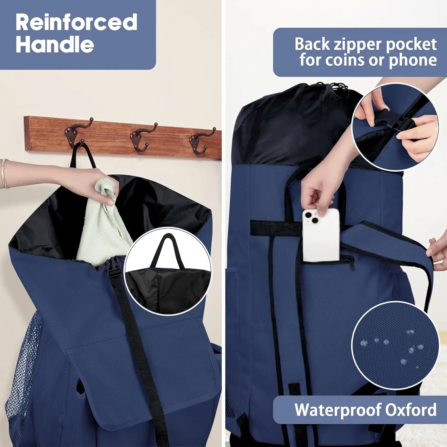 132L Laundry Bag Backpack, Extra Large Travel Heavy Duty Landry Bags with Shoulder Straps and Mesh Pocket, Drawstring Closure Design Laundry Hamper Bag for College Dorm, Laundromat, Apartment, Blue