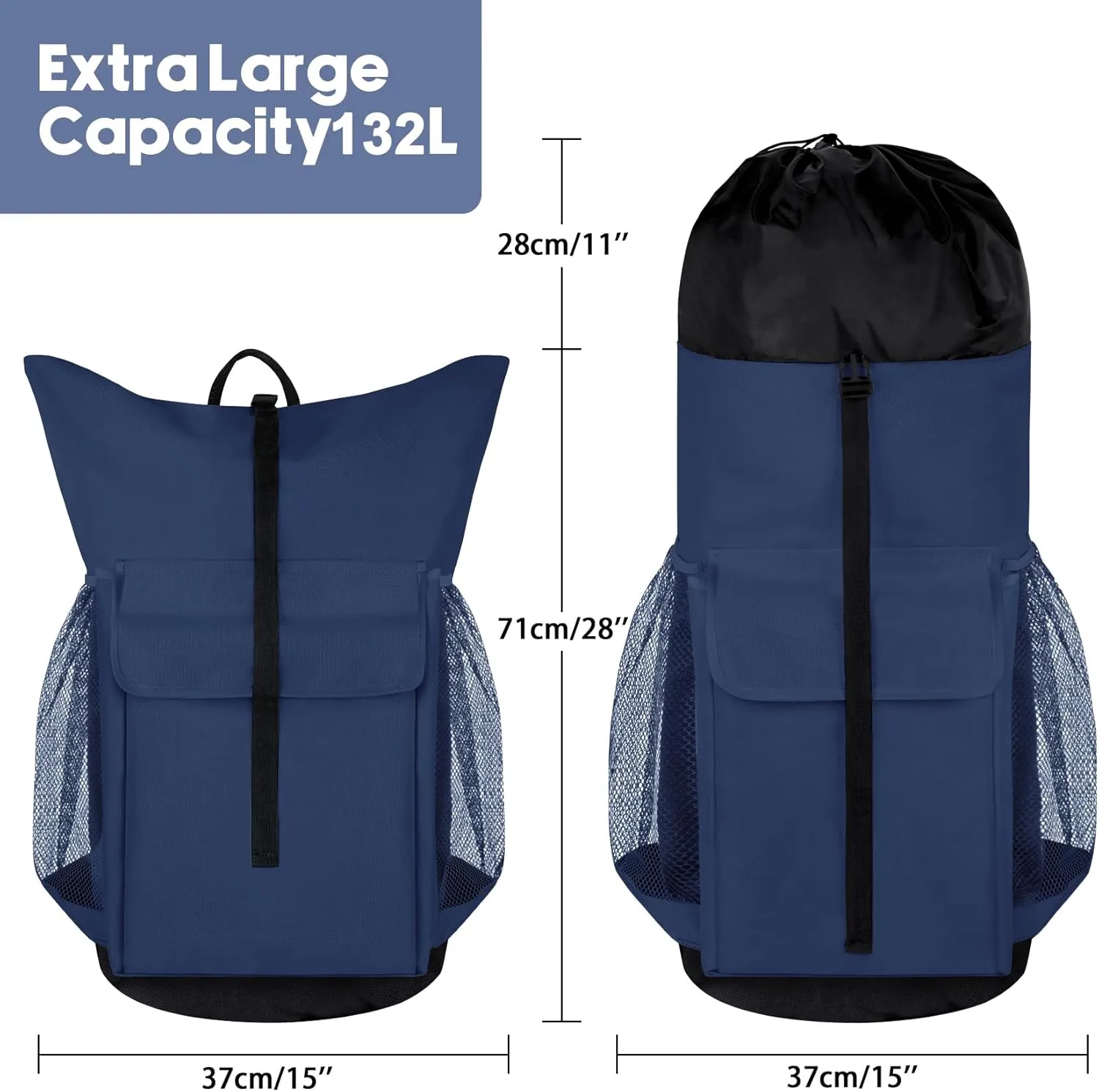 132L Laundry Bag Backpack, Extra Large Travel Heavy Duty Landry Bags with Shoulder Straps and Mesh Pocket, Drawstring Closure Design Laundry Hamper Bag for College Dorm, Laundromat, Apartment, Blue