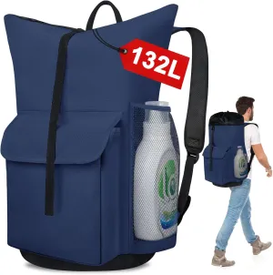 132L Laundry Bag Backpack, Extra Large Travel Heavy Duty Landry Bags with Shoulder Straps and Mesh Pocket, Drawstring Closure Design Laundry Hamper Bag for College Dorm, Laundromat, Apartment, Blue