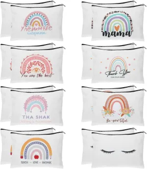 16 Packs Makeup Bags Bulk Travel Funny Canvas Make Up Bag Multicolor Inspirational Cosmetic Pouch Personalized Encouragement Rainbow Toiletry Pouches with Zippers for Women Gift Teacher Friend