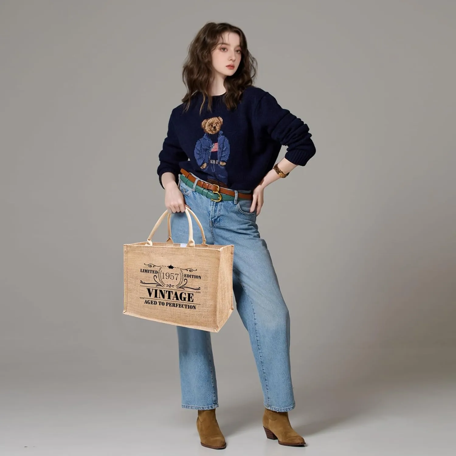 1956 1957 1958 1959 1960 1961 1962 1963 1964 1965 Burlap Jute Tote Bags for Women, 17" x 6.8" x 11.8"