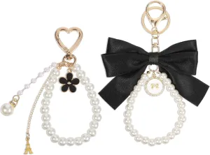 2 Pcs Bow Keychain, Cute Large Wristlet Keychain Soft Pearl Bow Keyrings Car Key Accessories Lanyard Bag Charms for Women Girls Handbags Backpack Purse