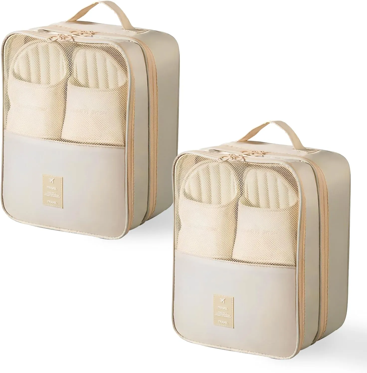 2 PCS Travel Shoe Bags Shoe Packing Cubes For Travel And Daily Use Luggage Bags Storage Pouch Holds 6 Pair of Shoes Waterproof With Zipper Cream