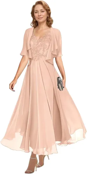 2 Piece Tea Length Mother of The Bride Dresses for Wedding with Jacket Chiffon A Line Formal Evening Gown with Pockets