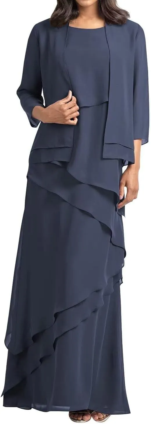 2 Pieces Mother of The Bride Dresses with Jacket Long Sleeve Chiffon Mother of Groom Dress for Women Wedding