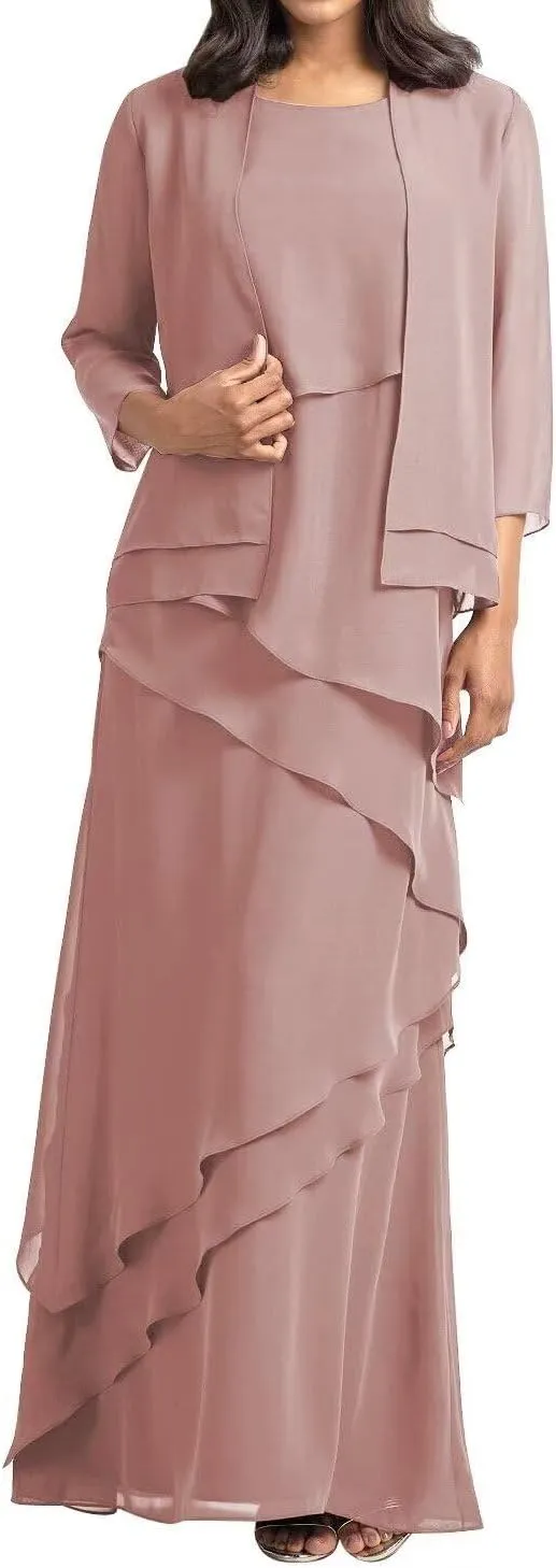 2 Pieces Mother of The Bride Dresses with Jacket Long Sleeve Chiffon Mother of Groom Dress for Women Wedding