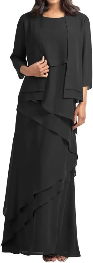 2 Pieces Mother of The Bride Dresses with Jacket Long Sleeve Chiffon Mother of Groom Dress for Women Wedding