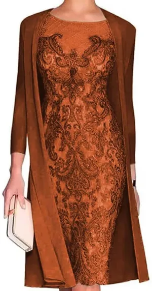 2 Pieces Mother of The Bride Dresses with Jackets Long Sleeves Laces Chiffon Tea Length Formal Evening Gowns Burnt Orange