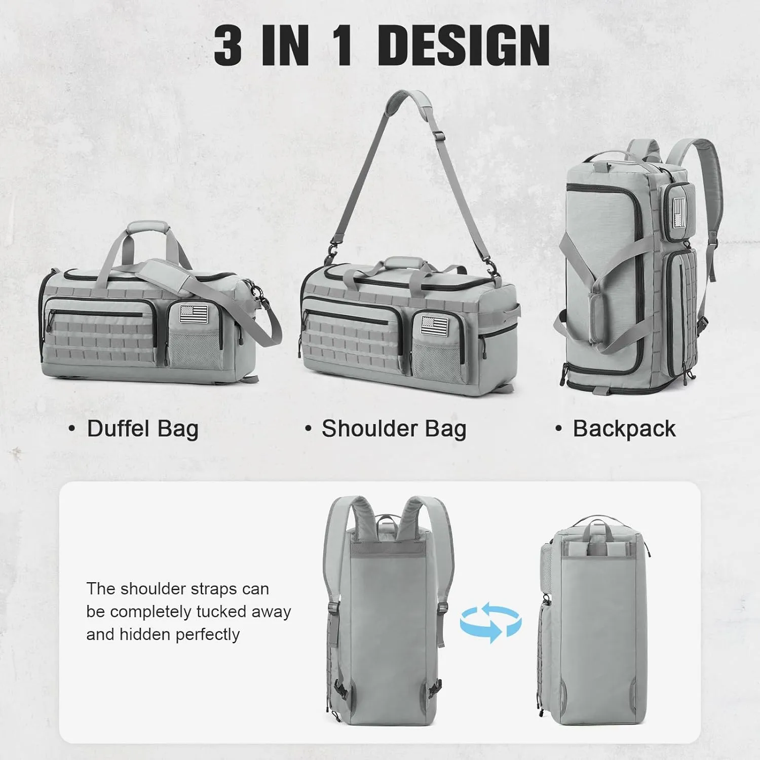 3-in-1 Duffel Bag for Gym & Travel with Shoes Compartment & Wet Pocket, Large 50L Tactical Military Duffle Shoulder Bags for Men and Women (Grey)