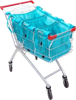 3-Pack Reusable Shopping Bags  Grocery Organizers with Universal Cart Clips, Pockets, and Foldable- Patent Blk