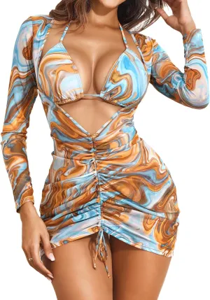 3 Piece Swimsuits Women Bikini Sets Triangle Halter Bathing Suit with Sexy Mesh Beach Cover Up