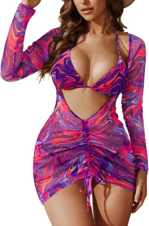 3 Piece Swimsuits Women Bikini Sets Triangle Halter Bathing Suit with Sexy Mesh Beach Cover Up