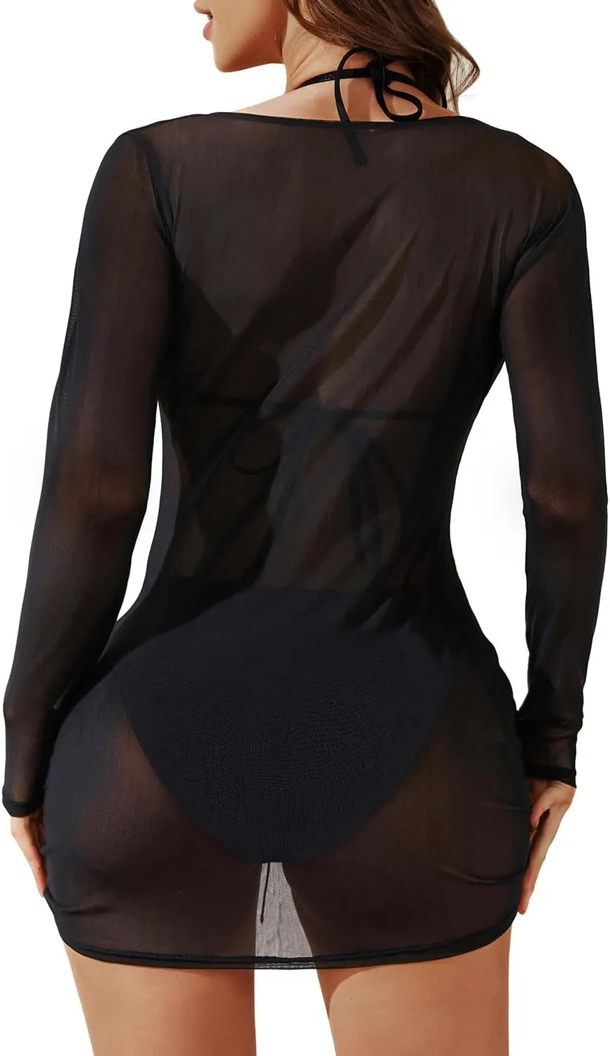 3 Piece Swimsuits Women Bikini Sets Triangle Halter Bathing Suit with Sexy Mesh Beach Cover Up