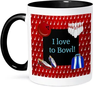 3dRose Coffee Mug, Size - 15oz - I love to Bowl, Bowling Pins, Ball, Shoes, and Bag, Red, Blue, and White Sports Design - funny coffee cup gift