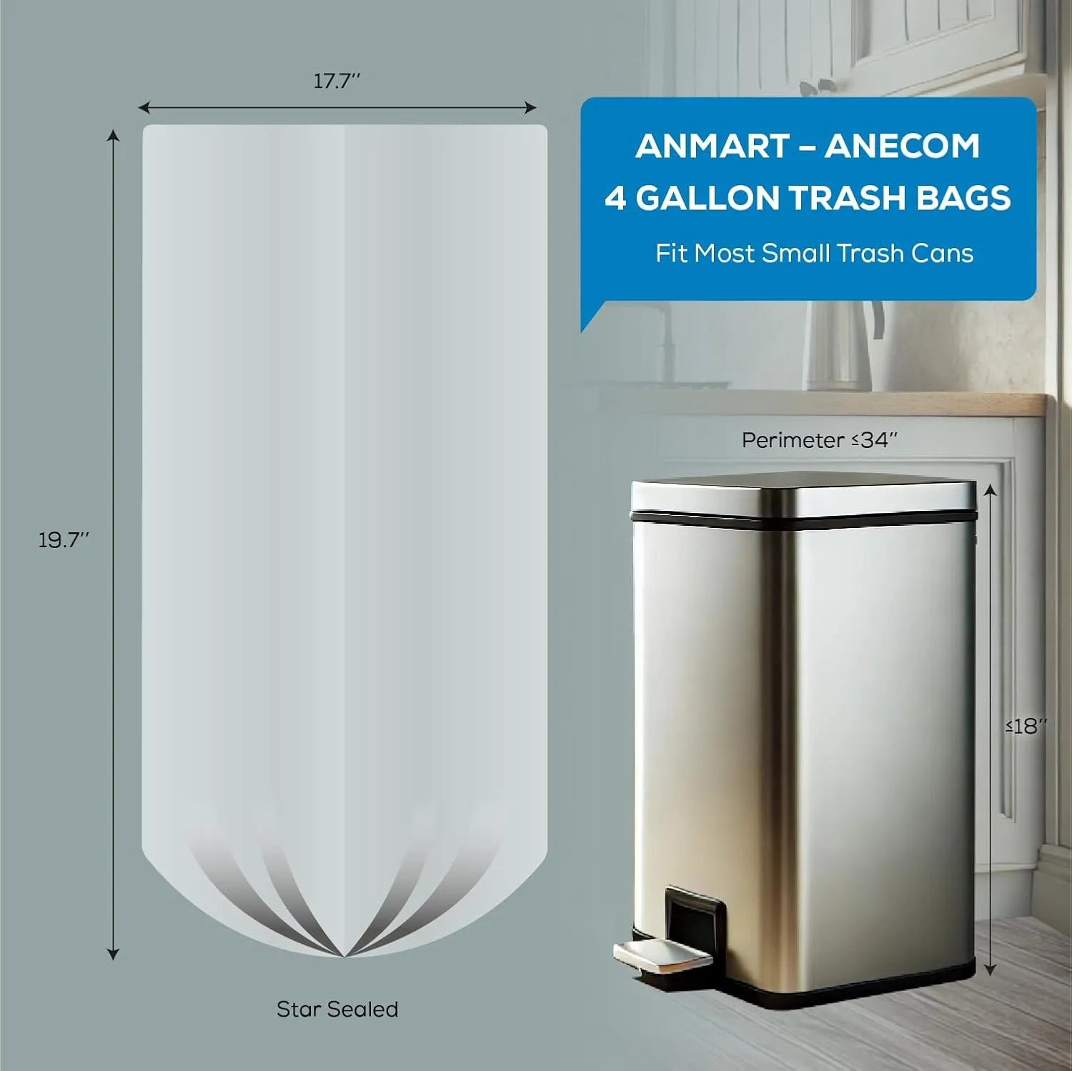 4 Gallon Small Trash Bags | Strong & Leak-Proof, Easy-Tear Perforation, Unscented | Ideal for Bathroom, Office, Kitchen, Car | 105 Count, Clear | Distributed by an USA Company