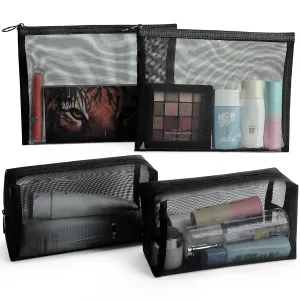 4 Pack Mesh Cosmetic Bags, Nylon Mesh Makeup Bags Set, Multipurpose Makeup Pouches, Travel Essentials Beauty Bag Set(Black)