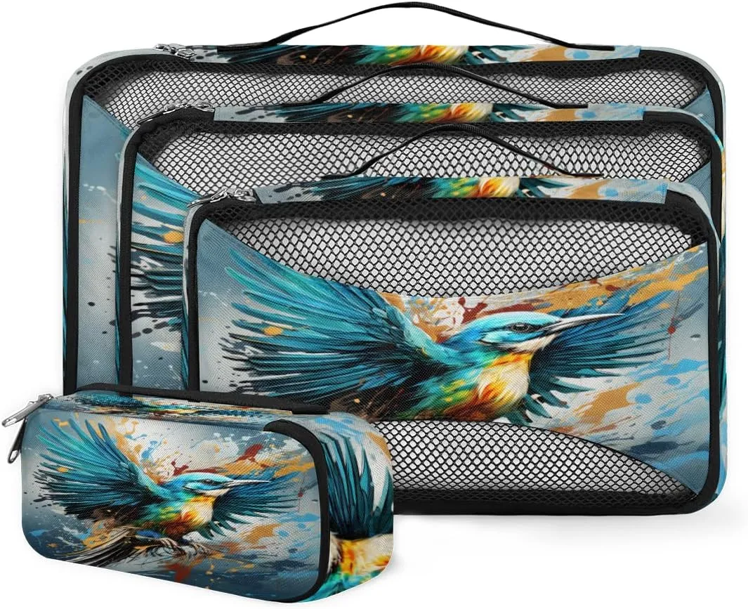 4 Set Packing Cubes for Suitcases, Travel Essentials for Carry on Luggage, Abstract Bird Suitcase Organizers for Clothes Shoes Toiletries Travel Accessories in 4 Sizes - Cartoon Bird