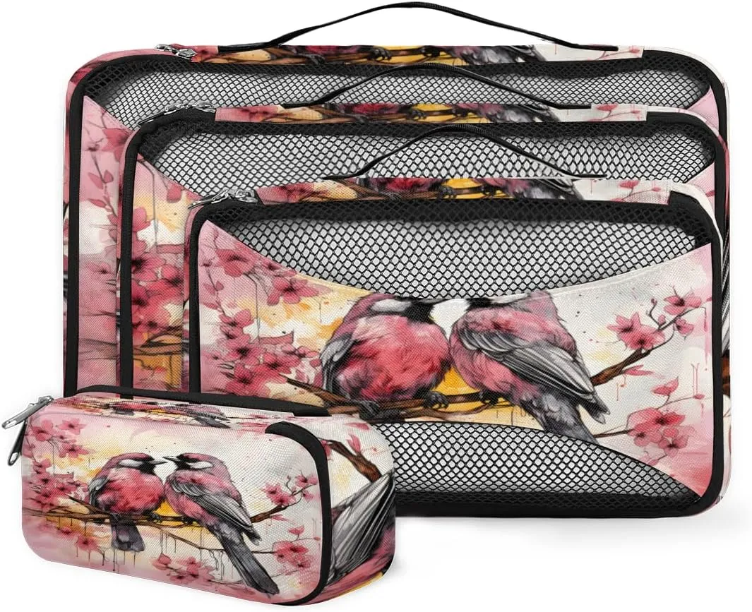 4 Set Packing Cubes for Suitcases, Travel Essentials for Carry on Luggage, Beautiful Bird Suitcase Organizers for Clothes Shoes Toiletries Travel Accessories in 4 Sizes - Lovely Bird