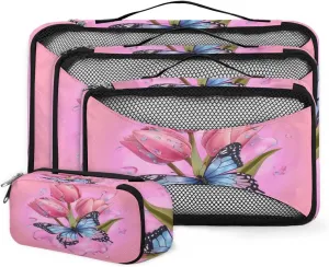 4 Set Packing Cubes for Suitcases, Travel Essentials for Carry on Luggage, Butterfly Suitcase Organizers for Clothes Shoes Toiletries Travel Accessories in 4 Sizes - Flowers Tulips
