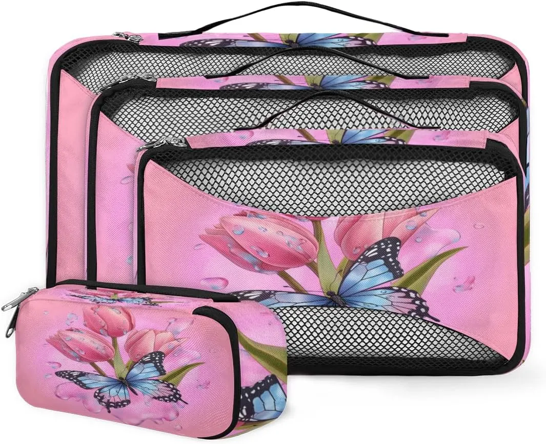 4 Set Packing Cubes for Suitcases, Travel Essentials for Carry on Luggage, Butterfly Suitcase Organizers for Clothes Shoes Toiletries Travel Accessories in 4 Sizes - Flowers Tulips