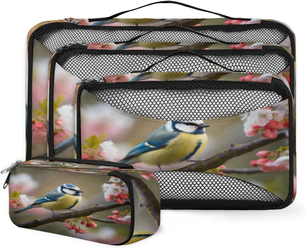 4 Set Packing Cubes for Suitcases, Travel Essentials for Carry on Luggage, Cartoon Bird Suitcase Organizers for Clothes Shoes Toiletries Travel Accessories in 4 Sizes - Flower Bird
