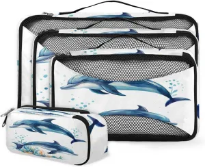 4 Set Packing Cubes for Suitcases, Travel Essentials for Carry on Luggage, Cartoon Dolphin Suitcase Organizers for Clothes Shoes Toiletries Travel Accessories in 4 Sizes - Dolphin