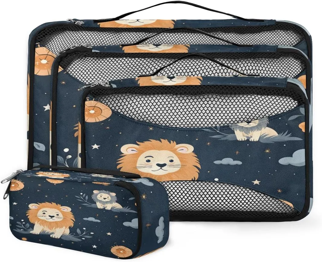 4 Set Packing Cubes for Suitcases, Travel Essentials for Carry on Luggage, Cartoon Lion Suitcase Organizers for Clothes Shoes Toiletries Travel Accessories in 4 Sizes - Cute Lion