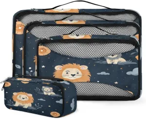 4 Set Packing Cubes for Suitcases, Travel Essentials for Carry on Luggage, Cartoon Lion Suitcase Organizers for Clothes Shoes Toiletries Travel Accessories in 4 Sizes - Cute Lion