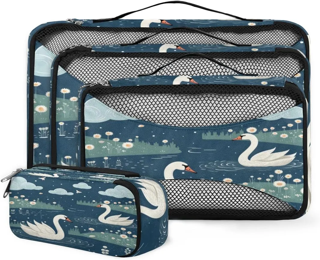 4 Set Packing Cubes for Suitcases, Travel Essentials for Carry on Luggage, Cartoon Swan Suitcase Organizers for Clothes Shoes Toiletries Travel Accessories in 4 Sizes - Swan