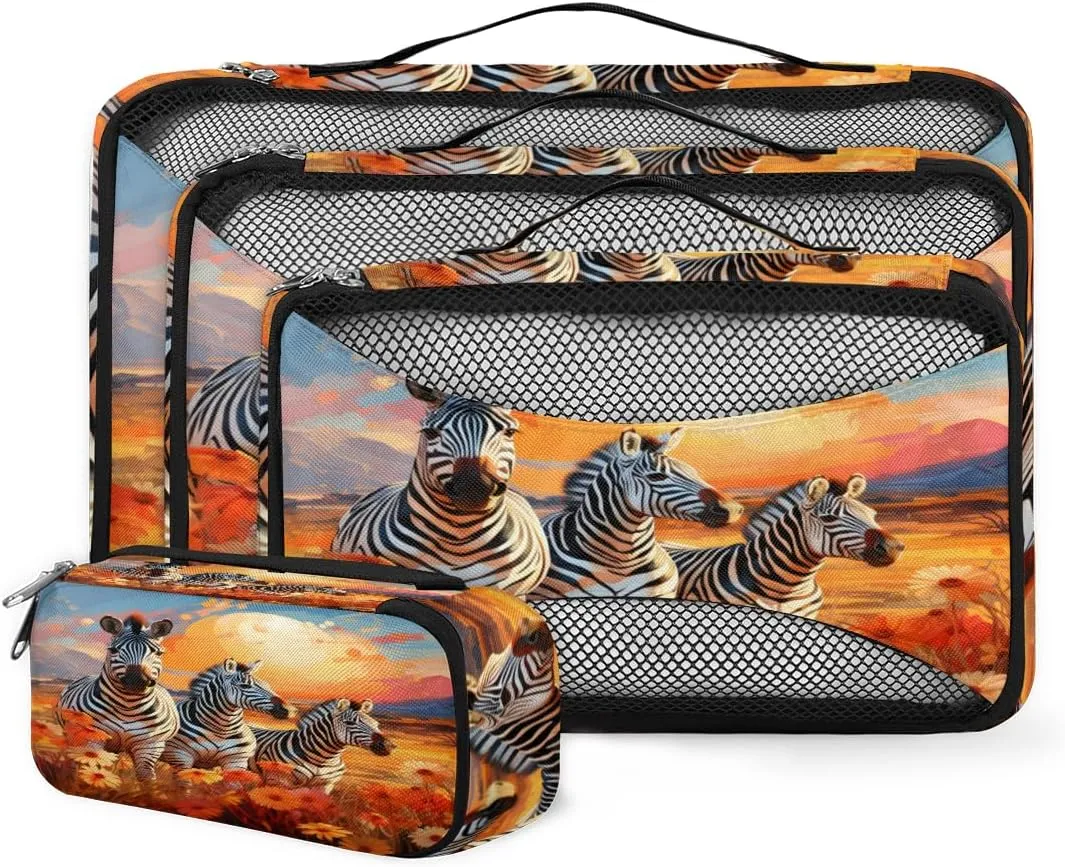 4 Set Packing Cubes for Suitcases, Travel Essentials for Carry on Luggage, Chrysanthemum Suitcase Organizers for Clothes Shoes Toiletries Travel Accessories in 4 Sizes - Sunset Zebra