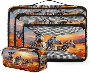4 Set Packing Cubes for Suitcases, Travel Essentials for Carry on Luggage, Chrysanthemum Suitcase Organizers for Clothes Shoes Toiletries Travel Accessories in 4 Sizes - Sunset Zebra