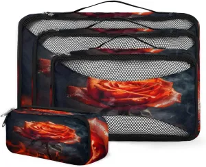 4 Set Packing Cubes for Suitcases, Travel Essentials for Carry on Luggage, Colorful Flower Suitcase Organizers for Clothes Shoes Toiletries Travel Accessories in 4 Sizes - Rose Flower