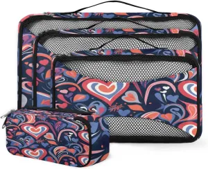 4 Set Packing Cubes for Suitcases, Travel Essentials for Carry on Luggage, Colorful Retro Suitcase Organizers for Clothes Shoes Toiletries Travel Accessories in 4 Sizes - heart
