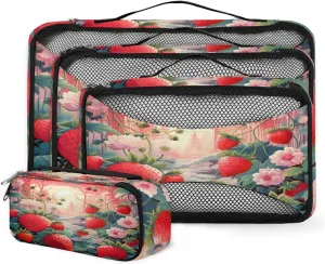 4 Set Packing Cubes for Suitcases, Travel Essentials for Carry on Luggage, Cute Strawberry Suitcase Organizers for Clothes Shoes Toiletries Travel Accessories in 4 Sizes - Abstract Strawberry
