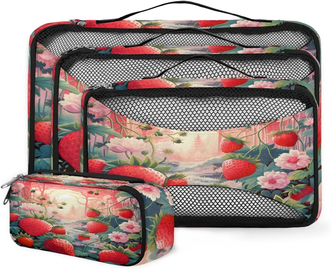 4 Set Packing Cubes for Suitcases, Travel Essentials for Carry on Luggage, Cute Strawberry Suitcase Organizers for Clothes Shoes Toiletries Travel Accessories in 4 Sizes - Abstract Strawberry