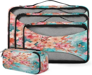 4 Set Packing Cubes for Suitcases, Travel Essentials for Carry on Luggage, Dreamy Flowers Suitcase Organizers for Clothes Shoes Toiletries Travel Accessories in 4 Sizes - Cute Flowers