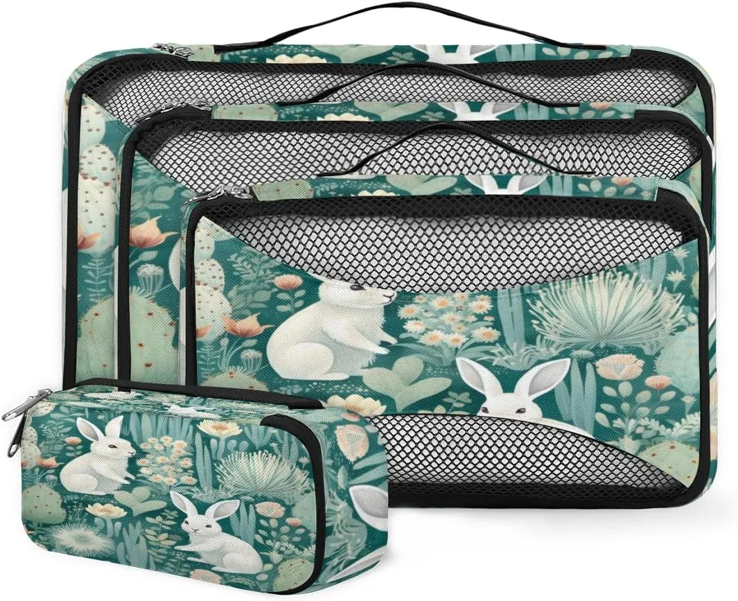 4 Set Packing Cubes for Suitcases, Travel Essentials for Carry on Luggage, Easter Rabbit Suitcase Organizers for Clothes Shoes Toiletries Travel Accessories in 4 Sizes - Easter