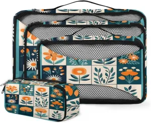4 Set Packing Cubes for Suitcases, Travel Essentials for Carry on Luggage, Ethnic Flowers Suitcase Organizers for Clothes Shoes Toiletries Travel Accessories in 4 Sizes - Abstract Flowers