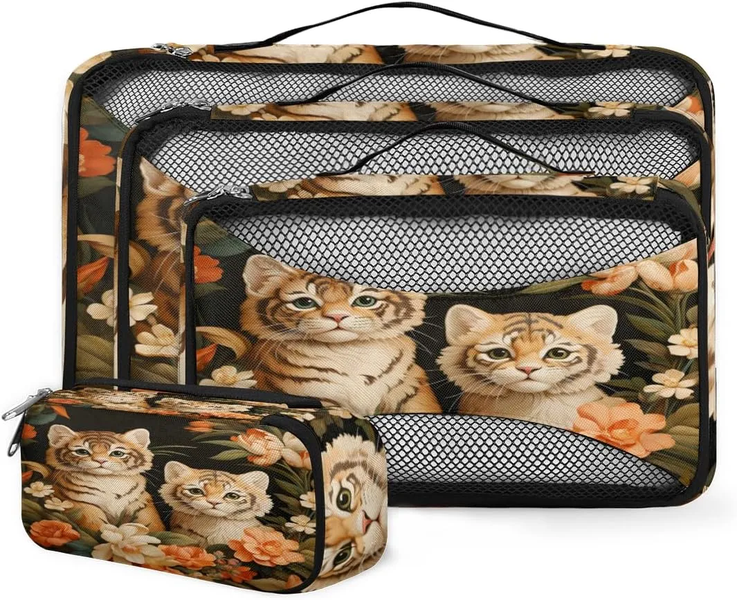 4 Set Packing Cubes for Suitcases, Travel Essentials for Carry on Luggage, Flower Suitcase Organizers for Clothes Shoes Toiletries Travel Accessories in 4 Sizes - Cute Tiger
