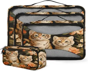 4 Set Packing Cubes for Suitcases, Travel Essentials for Carry on Luggage, Flower Suitcase Organizers for Clothes Shoes Toiletries Travel Accessories in 4 Sizes - Cute Tiger