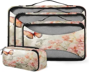 4 Set Packing Cubes for Suitcases, Travel Essentials for Carry on Luggage, Flowers Butterfly Suitcase Organizers for Clothes Shoes Toiletries Travel Accessories in 4 Sizes - Dreamy Butterfly