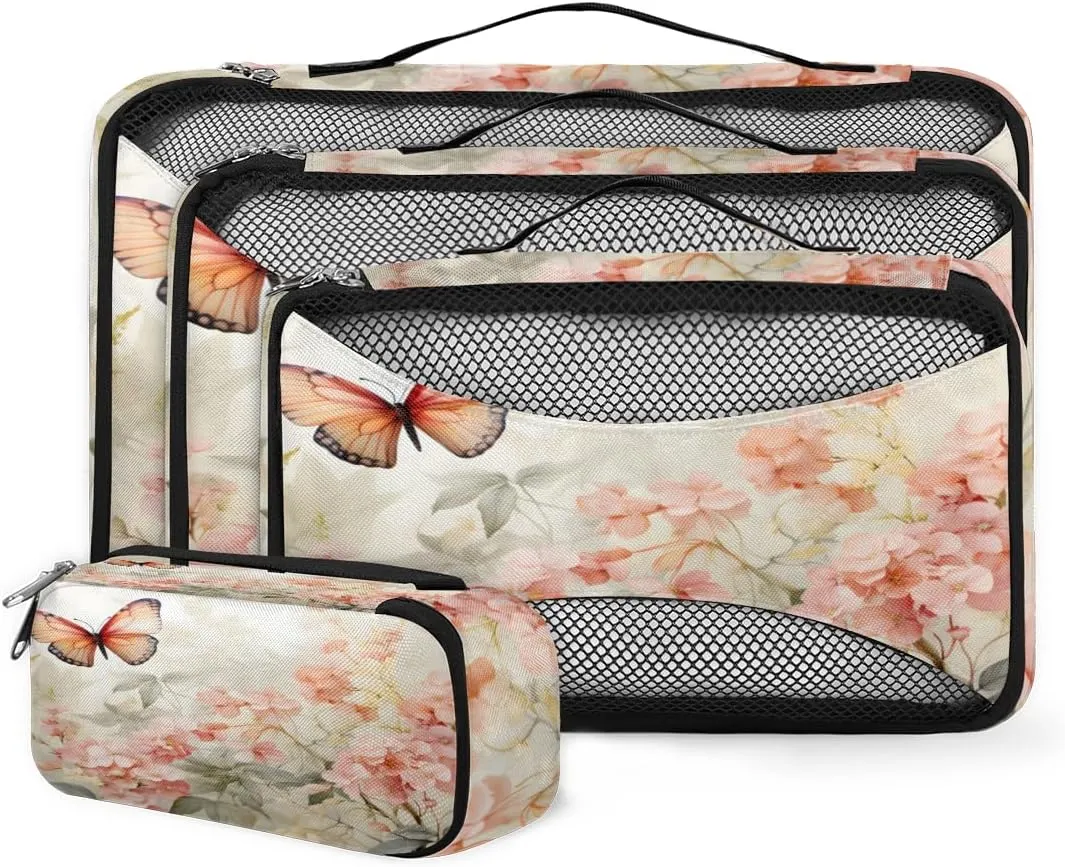 4 Set Packing Cubes for Suitcases, Travel Essentials for Carry on Luggage, Flowers Butterfly Suitcase Organizers for Clothes Shoes Toiletries Travel Accessories in 4 Sizes - Dreamy Butterfly